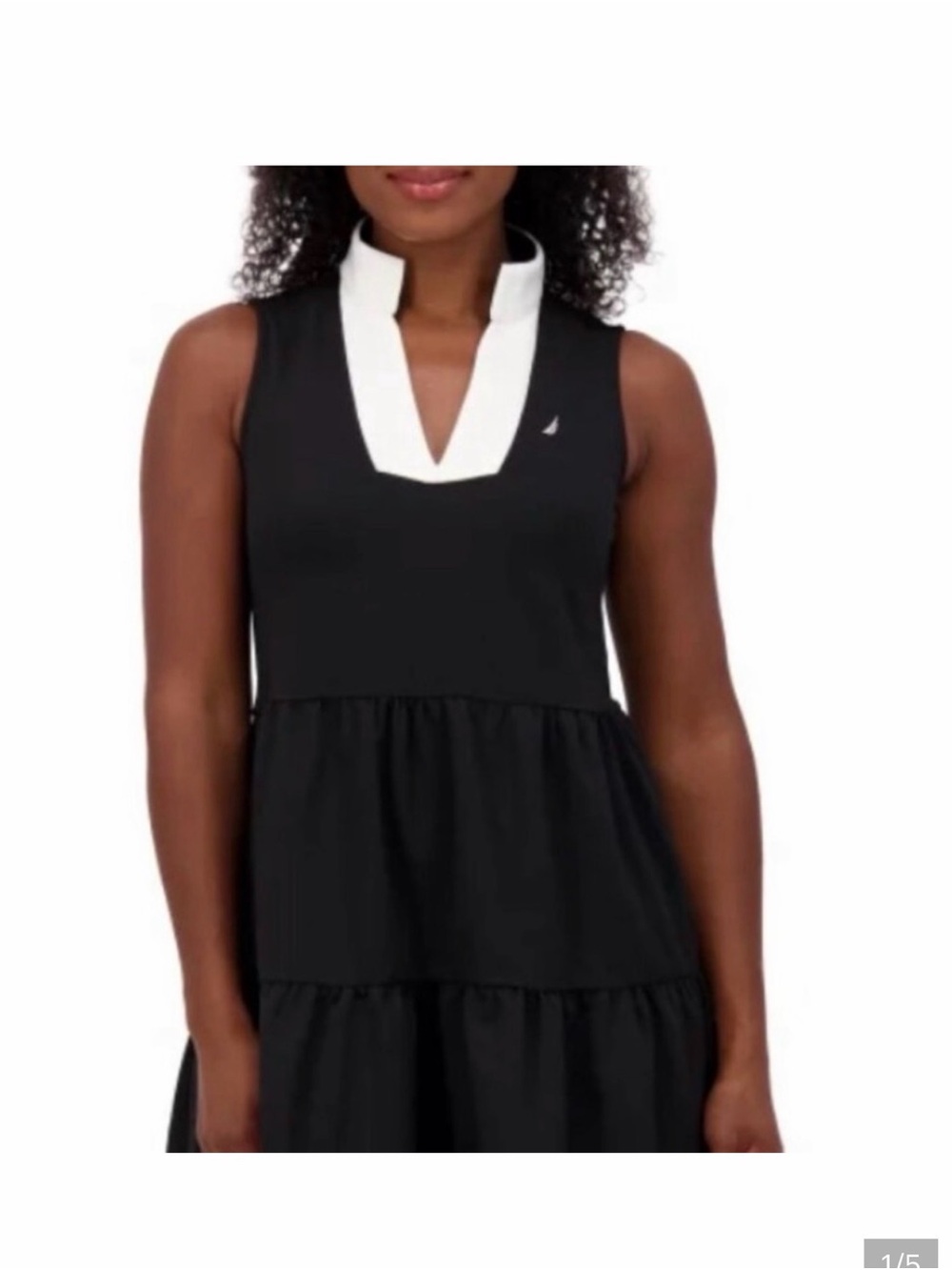 New Black Nautica Jeans Sleeveless Tiered Dress with White V-Notch Collar